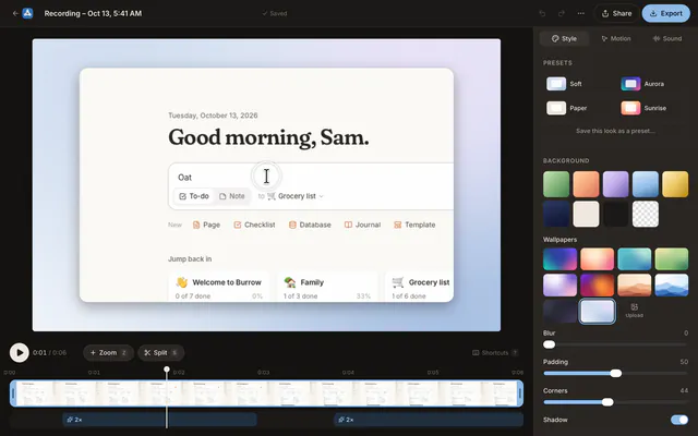 The Iris Studio: a screen recording on a soft backdrop, zoomed in where the click happens, with the zooms on the timeline