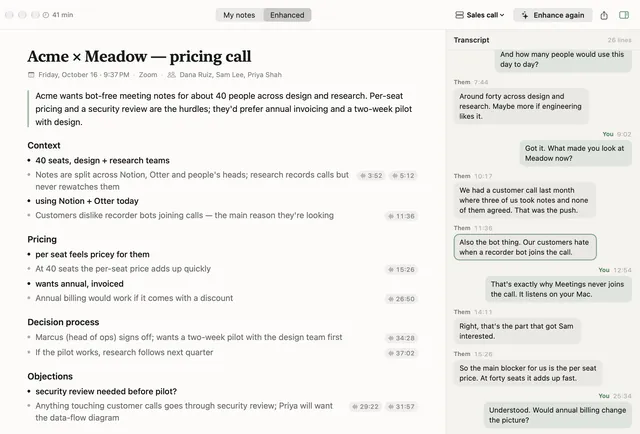Meetings: enhanced notes from a call, each point linked to its moment in the transcript beside it